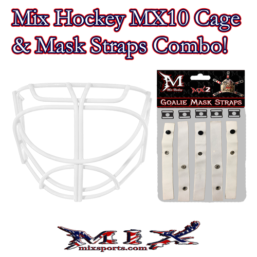 Mix hockey Cat Eye Goalie Cage (MX10) & Mask Straps Combo! (White) -