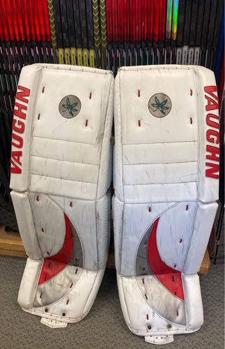 Custom Ohio State Buckeyes D1 Vaughn Velocity Used White Senior 34" Goalie Leg Pads pro stock Moyse