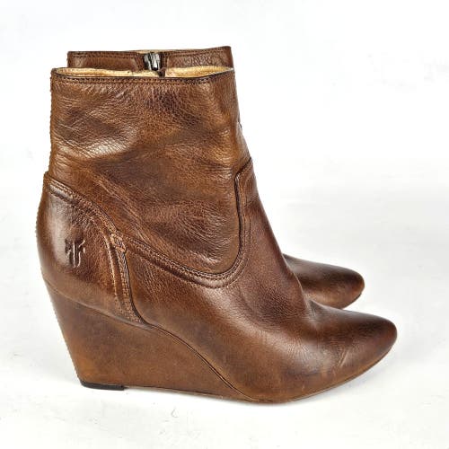 Frye Carson Wedge Bootie Women's Size 8 M Brown Leather Ankle Boot Pull On Zip