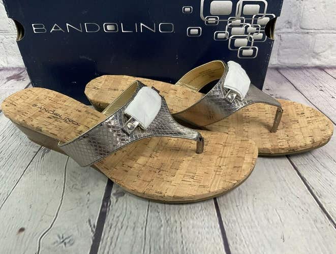 Bandolino Women’s Be Heard Cork Wedge Leather Sandals Upper Silver US Size 10 M