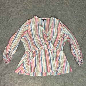 Lane Bryant Women Top Plus 22 Pink Rainbow Blouse Flowy Striped Pride Wrap Shirt