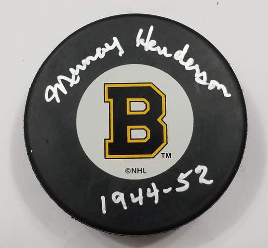 MURRAY HENDERSON Autographed Boston Bruins NHL Hockey Puck Signed 1944-52