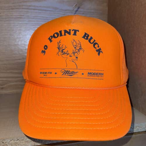 Vintage Miller Deer Hunting 30 Point Buck Blaze Orange Otto Trucker Hat Cap