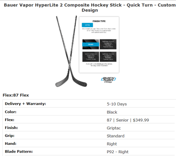 New Senior Bauer Vapor Hyperlite Right Handed Hockey Stick P92