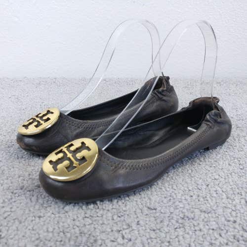 Tory Burch Reva Womens 5.5 Ballet Flats Dark Brown Leather Shoes Gold Logo