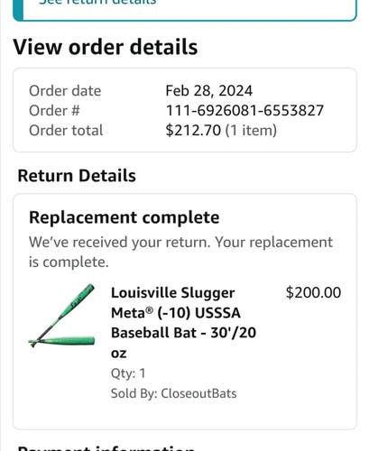 Used 2023 Louisville Slugger Meta USSSA Certified Bat (-10) 20 oz 30"