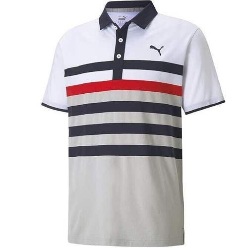 Puma Golf Men's Mattr One Way Striped Golf Polo - White Navy Blazer / Red - 2XL