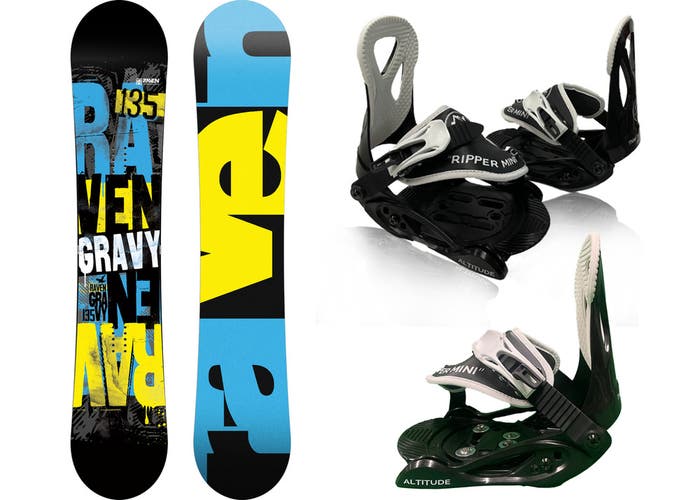 BOYS RAVEN “GRAVY” BEGINNER 90CM SNOWBOARD + RIPPER MINI BINDINGS XS (7C-13C)