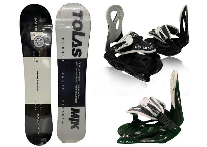 KIDS TOLASMIK BLACK/WHITE SNOWBOARD 100CM + RIPPER MINI BINDINGS (XS) 7C-13C