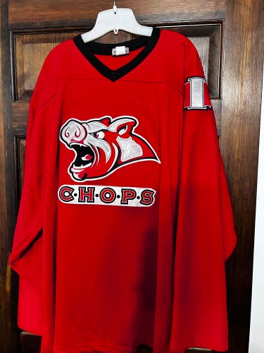 USED RED  IOWA CHOPS HOCKEY JERSEY SIZE 58  GOALIE CUT WITH FIGHT STRAP