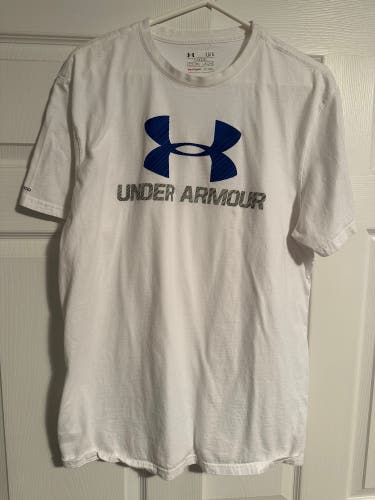 Under Armor Men’s Loose White and Blue T-Shirt Size Lg