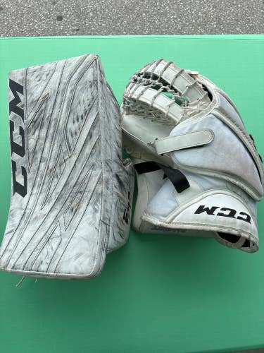 White Used Intermediate CCM E4.9 Goalie Glove & Blocker Regular