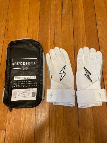 New Bruce Bolt Large Long Cuff White Batting Gloves