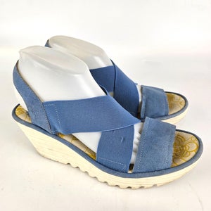Fly London Yaji Blue Leather Criss Cross Wedge Slingback Sandals Women 40 / 9