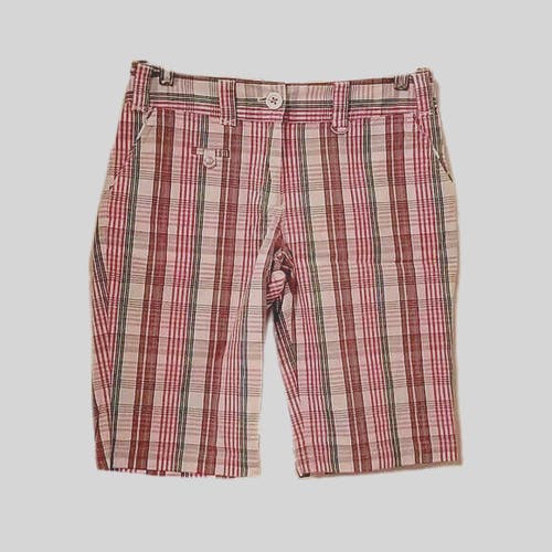 Lija Womens Plaid Bermuda Size 8 White Pink Tan Teal Plaid Golf Shorts New