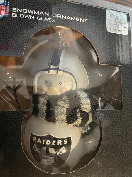 New in Box Raiders snowman glass ornament
