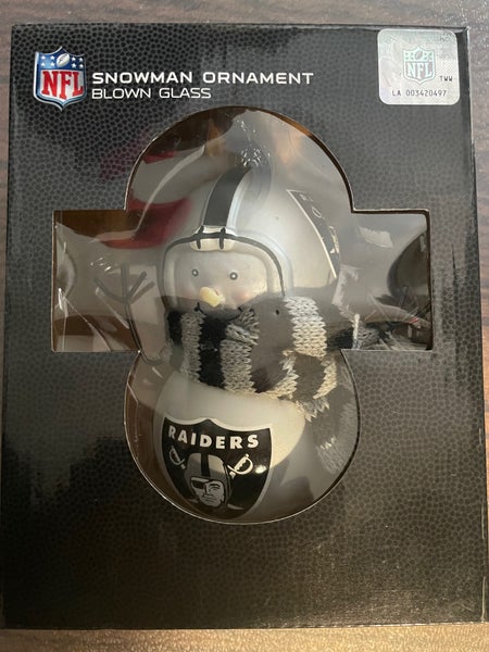 New in Box Raiders snowman glass ornament