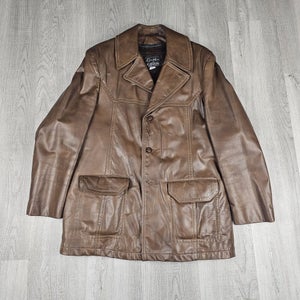 Vtg USA 70s Grais Brown Long Leather Western Jacket Coat 40 R Removable Fur Line