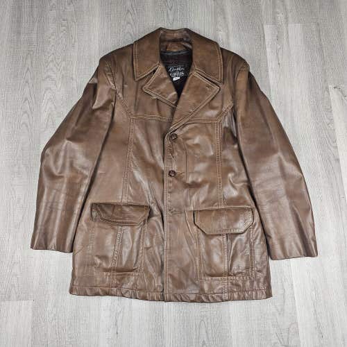 Vtg USA 70s Grais Brown Long Leather Western Jacket Coat 40 R Removable Fur Line