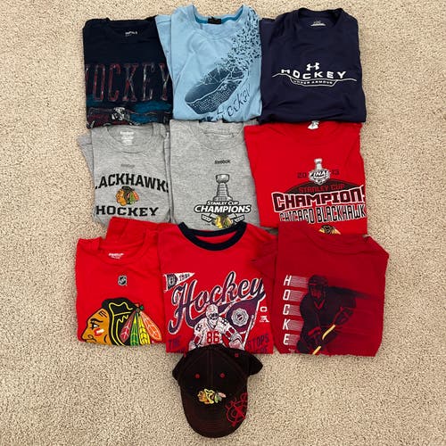 All for $15 Boys Hockey T-Shirts Chicago Blackhawks Bauer Hockey (9 Shirts + 1 Hat)