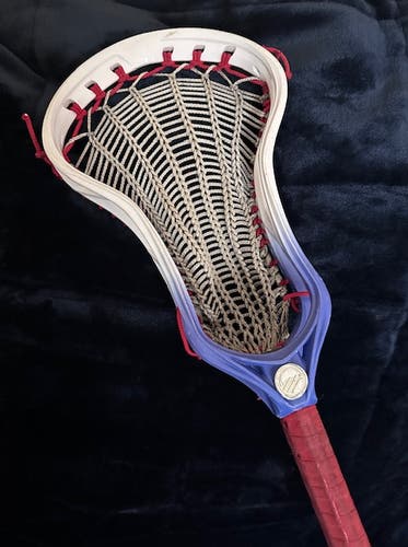 Used Maverik Optik 3.0 Stick custom dyed White & Royal Blue w/ Pegasus Grey Armor Mesh & Red Strings
