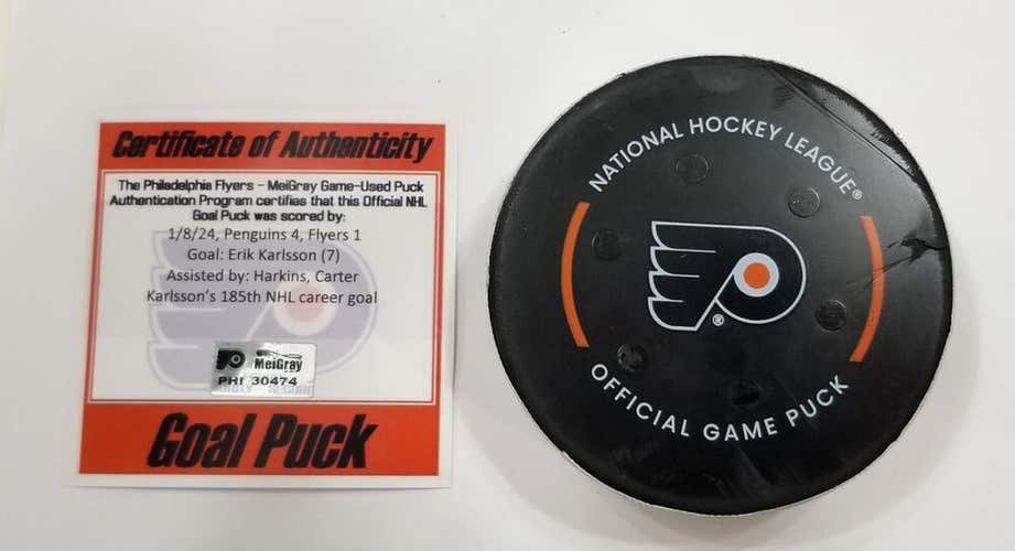 1-8-24 ERIK KARLSSON Pittsburgh Penguins at Flyers NHL Game Used GOAL Puck