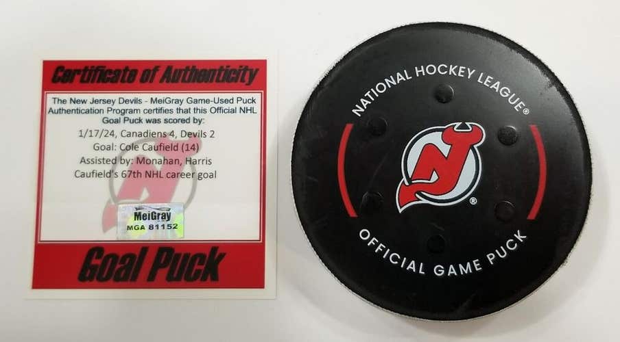 1-17-24 COLE CAUFIELD Montreal Canadiens at NJ Devils Game Used GWG GOAL Puck