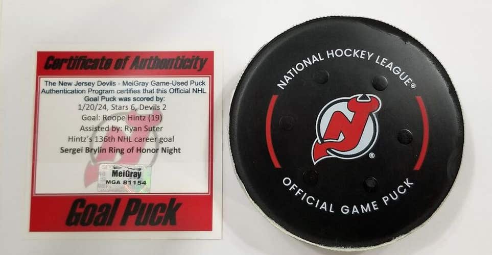 1-20-24 ROOPE HINTZ Dallas Stars at Devils Game Used SHG GOAL Puck Brylin Night