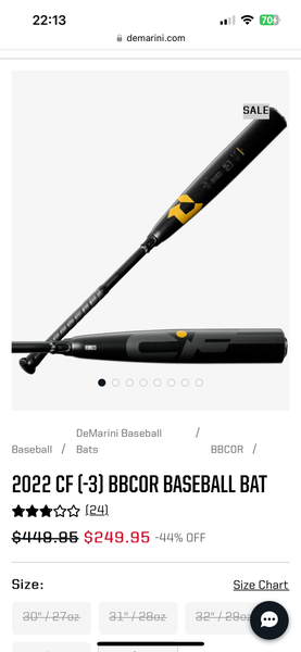 Used 2022 DeMarini CF BBCOR Certified Bat (-3) Composite 28 oz 31"