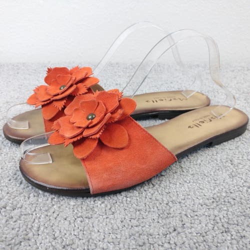 Mariella Sandals Womens 9.5 Slip On Shoes Orange Suede Floral Bow Slides Flats