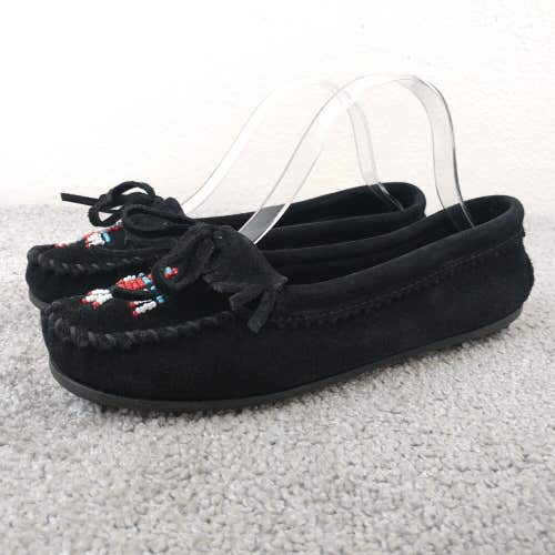 Minnetonka Thunderbird Moccasins Womens 7.5 Slip on Shoes Black Suede Beaded