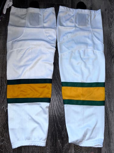 MENACE WHITE HOCKEY SOCKS WITH GREEN-AND GOLD STRIPES SIZE 30 AND BLUE Watertown socks.