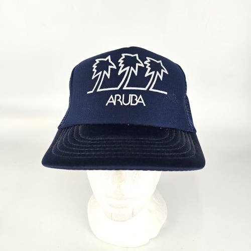 Vintage ARUBA Palm Tree Trucker Snapback Cap Hat DA Designer Award Cap Navy Blue