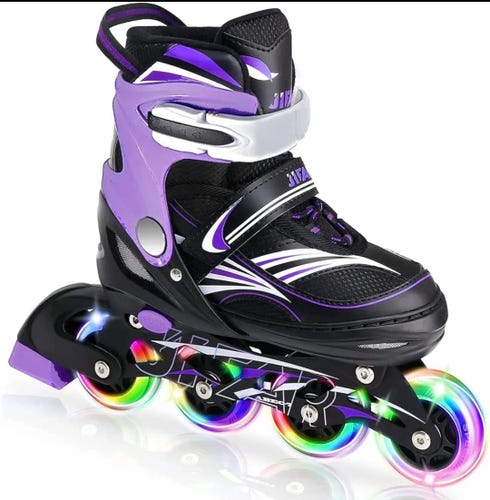 New Inline Skates Size S (12J - 2 US), With Lights, Purple, ADJUSTABLE 4 SIZES