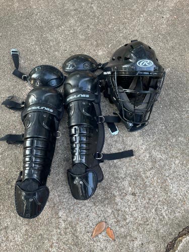 Bundle Black Used Youth Rawlings Catcher's Leg Guard & Helmet