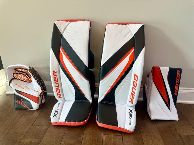 Bauer Vapor X5 Pro Intermediate Set Custom Leg Pads, Glove & Blocker New White Black Orange