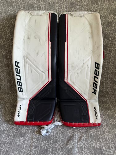 Used Senior XS Bauer Supreme Mach Goalie Custom Leg Pads White/Navy/Red