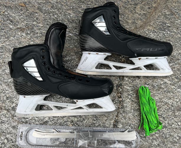 Used Senior True 2 Piece Hockey Goalie Skates Regular Width Pro Stock 12 w/Extra Steel