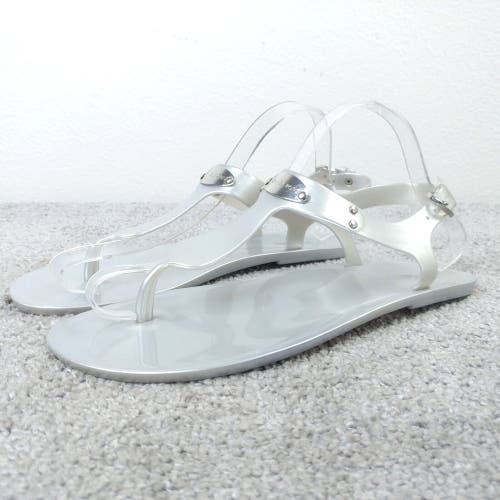 Michael Kors Plate Thong Jelly Sandals Womens 9 Shoes MK Logo Silver Slingback