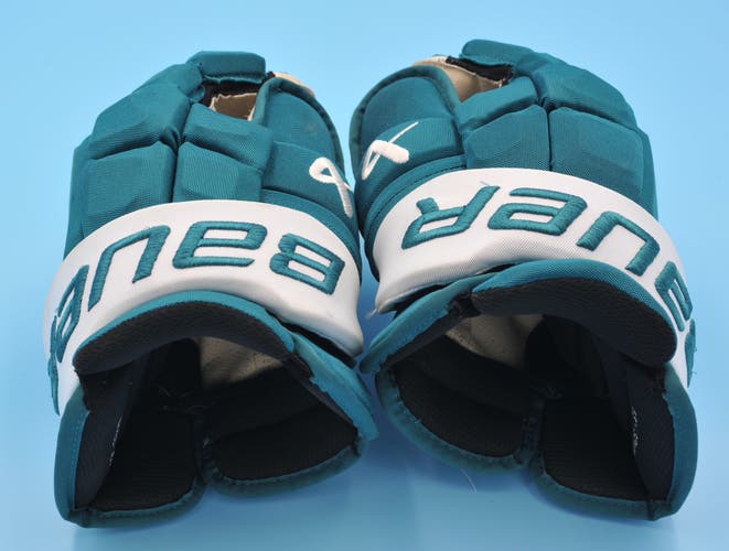 NHL San Jose Sharks Bauer Mach Zadina Teal Game Worn Pro Game-Used Gloves Set 2