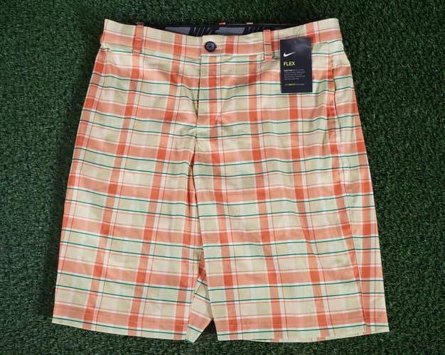 MEN'S MEDIUM NIKE FLEX CHECKED PLAID DRI FIT GOLF SHORTS 32 CELESTIAL GOLD, NWT