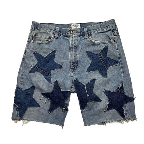 Custom Reworked Distressed Denim Star Jean Shorts Light Wash Sz 34