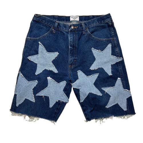 Custom Reworked Distressed Denim Star Jean Shorts Dark Wash Sz 34