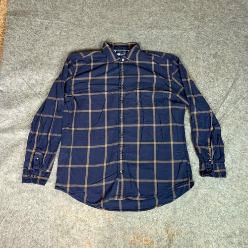 Tommy Hilfiger Mens Shirt 2XL XXL Blue Brown Button Casual Flag Top Work Office