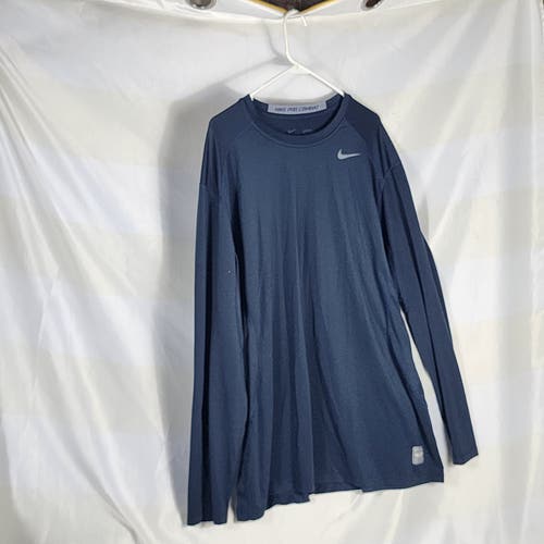 Nike Pro Combat Long Sleeve Navy Gray Dri-Fit Fitted Poly Span Compression Shirt Size XXL