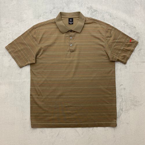 NIKE GOLF Polo Shirt Men XL Taupe Striped Short Sleeve Sewn Contrast Arm Logo