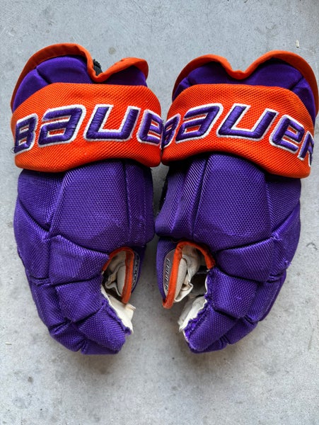 USHL Youngstown Phantoms Pro Stock Game Used Bauer 15" Vapor Pro Team Gloves Orange / Purple