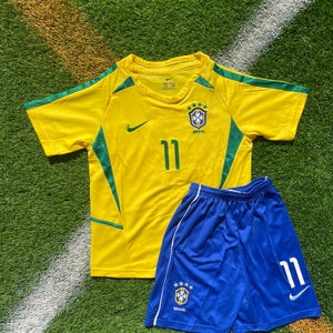 Brazil 2002 Home Ronaldinho Retro Soccer Jersey For Kids