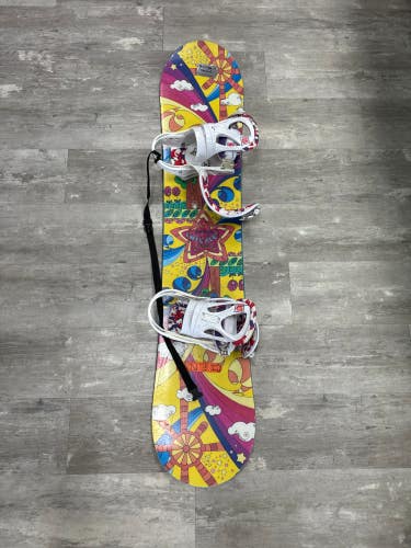 Used Kid's Burton Chicklet Snowboard All Mountain With Bindings Soft Flex Directional Twin