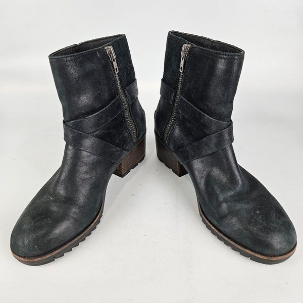 Sorel Cate Buckle Boot Womens 8 Black Leather Ankle Strap Waterproof Side Zip